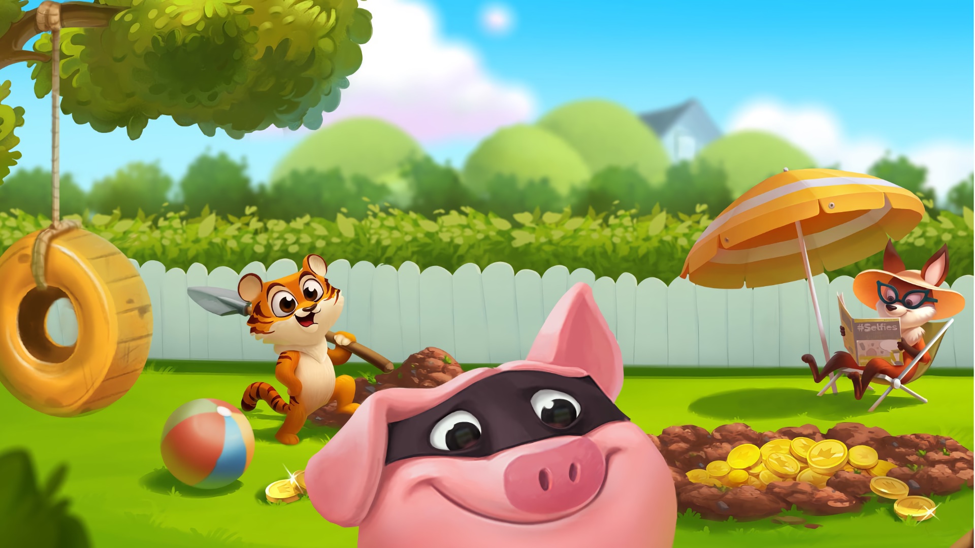 Free spin Coin Master: Coin Master heo, hổ và cáo đang vui chơi trong game.